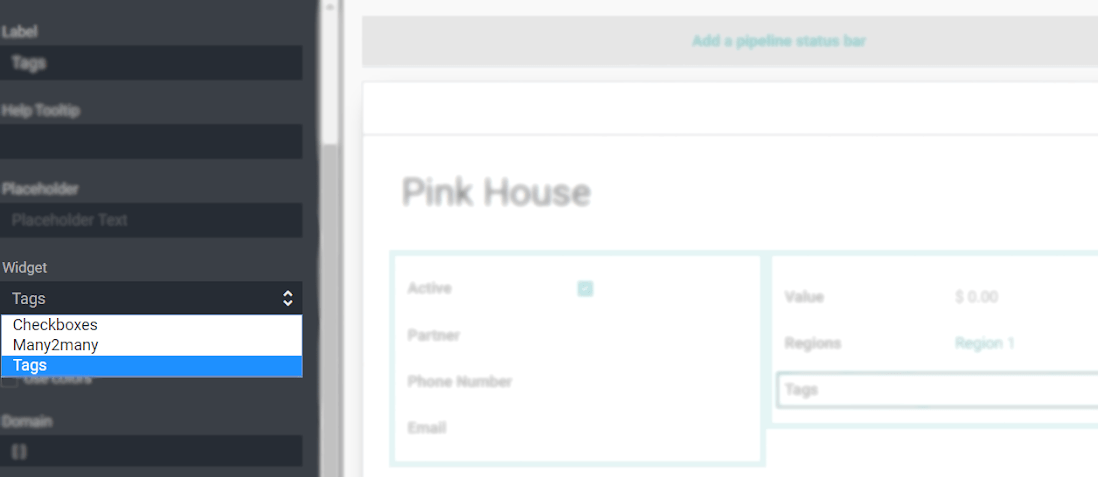 Form view showing the widgets available in Odoo Studio