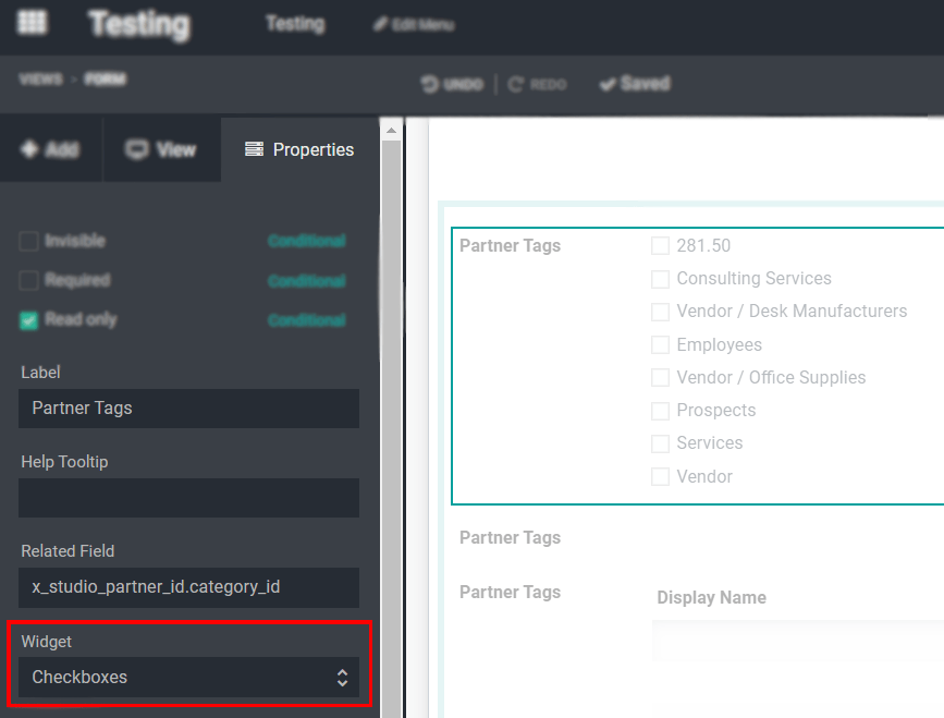 Form view emphasizing the widget property in Odoo Studio